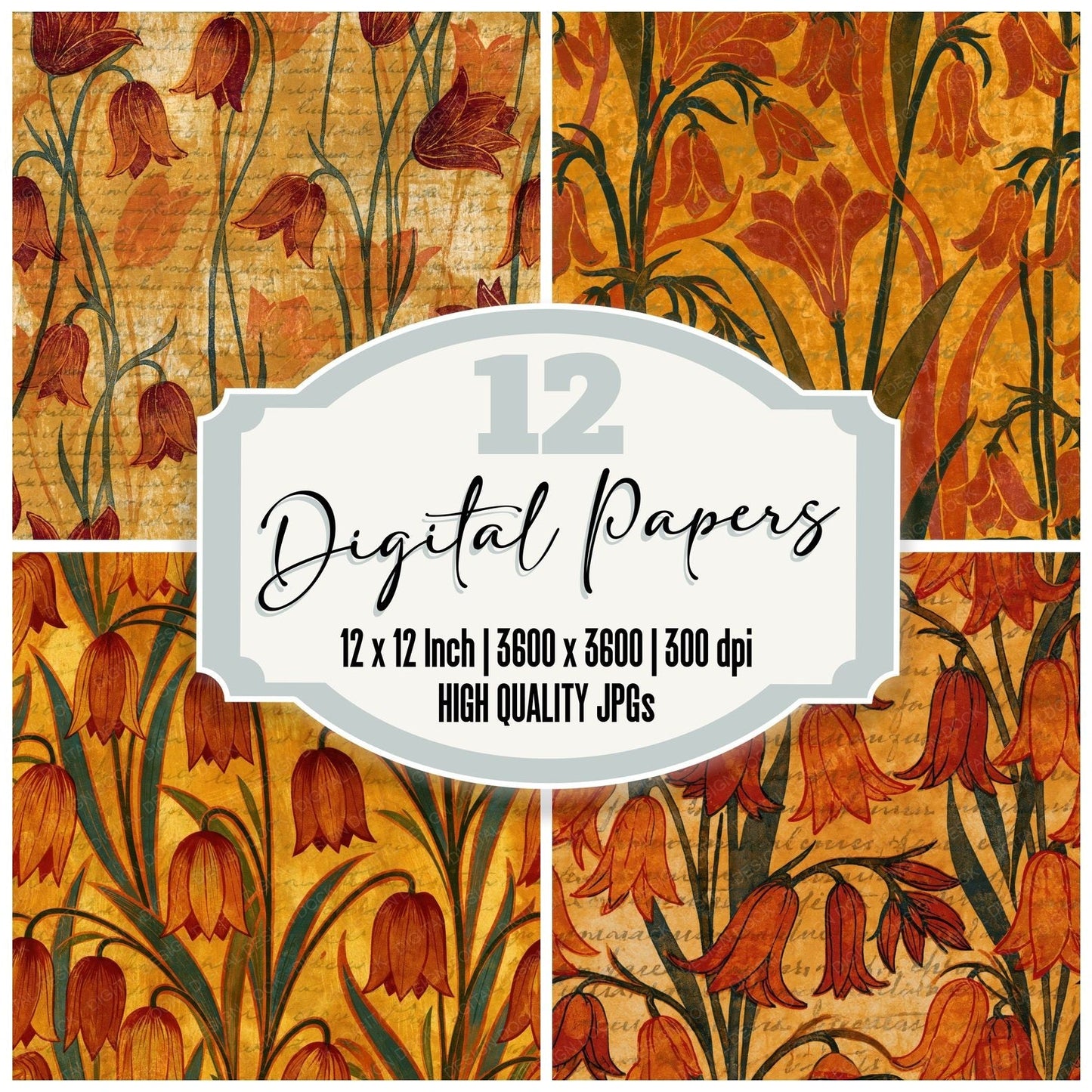 Indian Block Print Bluebells Saffron Rust Digital Paper Pack (DDD014912)