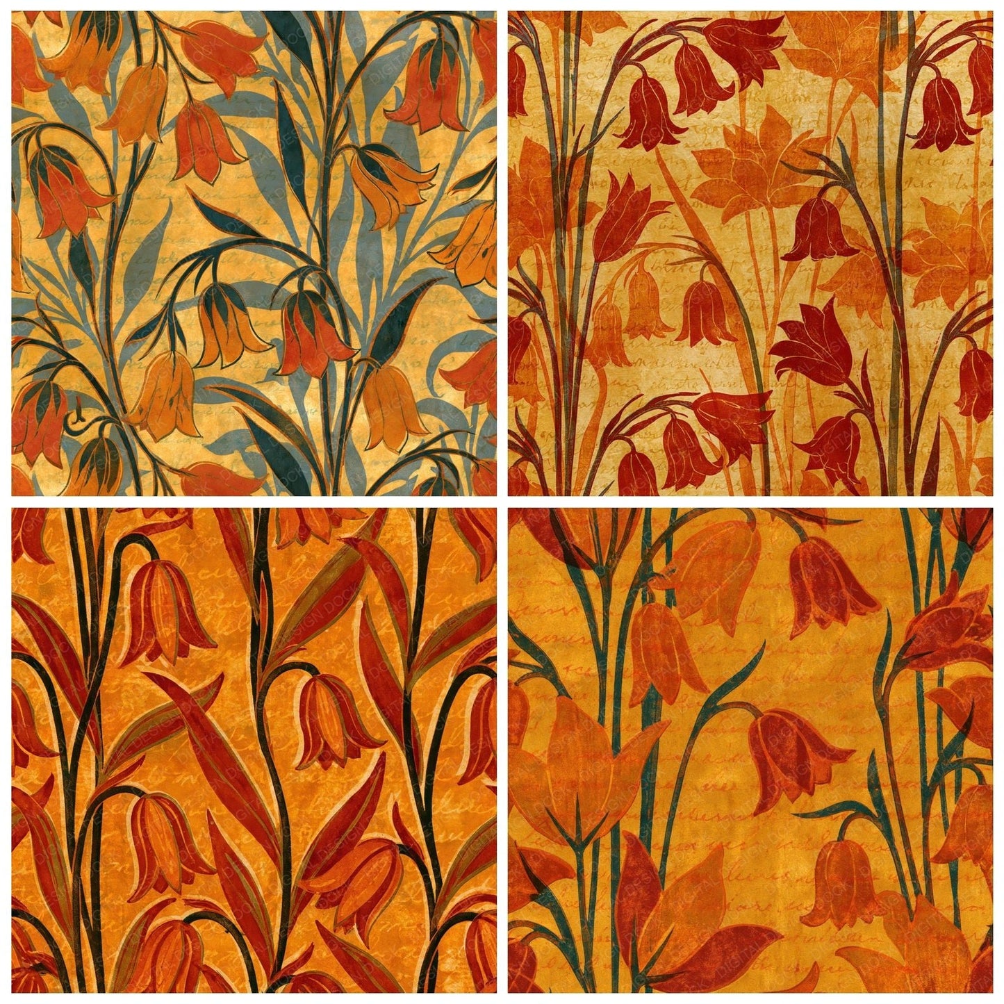 Indian Block Print Bluebells Saffron Rust Digital Paper Pack (DDD014912)