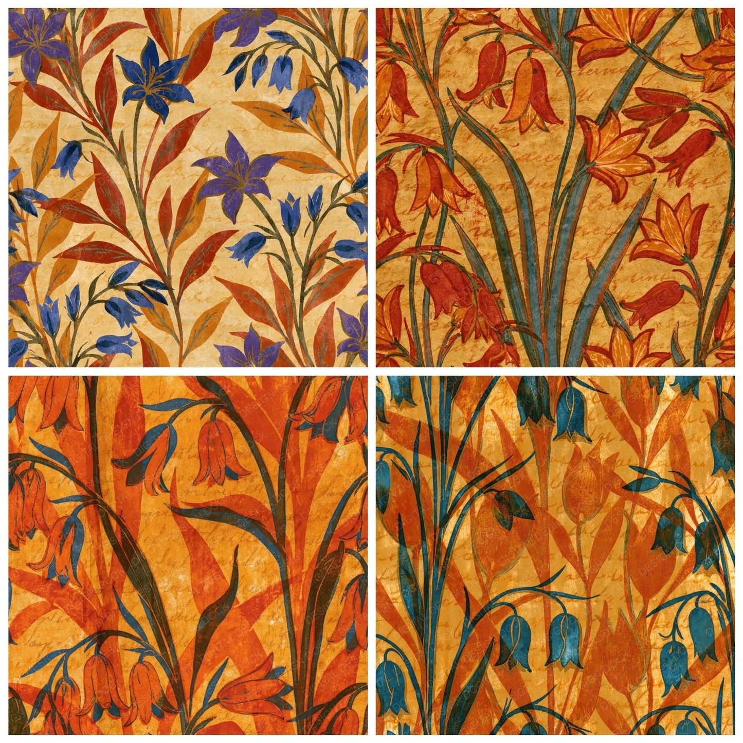 Indian Block Print Bluebells Saffron Rust Digital Paper Pack (DDD014912)