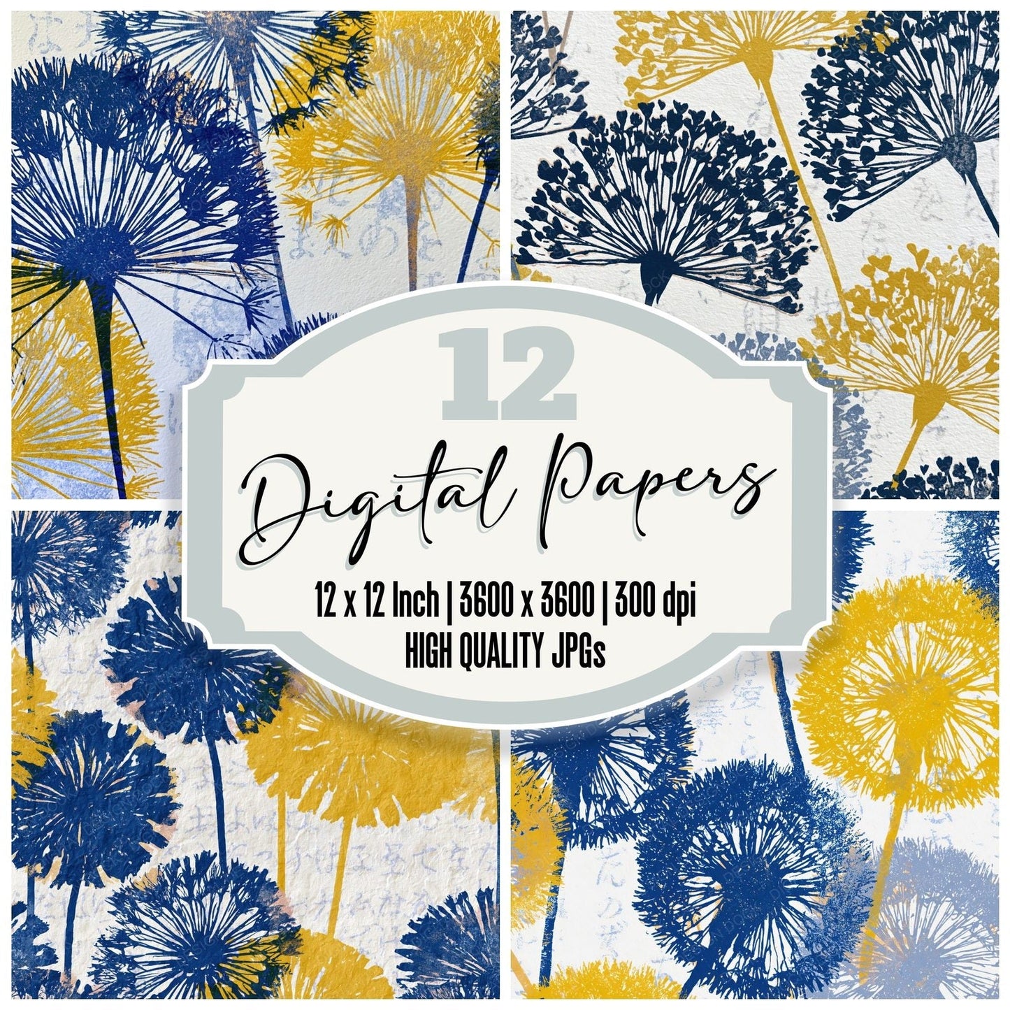 Letterpress Dandelions Cobalt Yellow Digital Paper Pack (DDD014914)