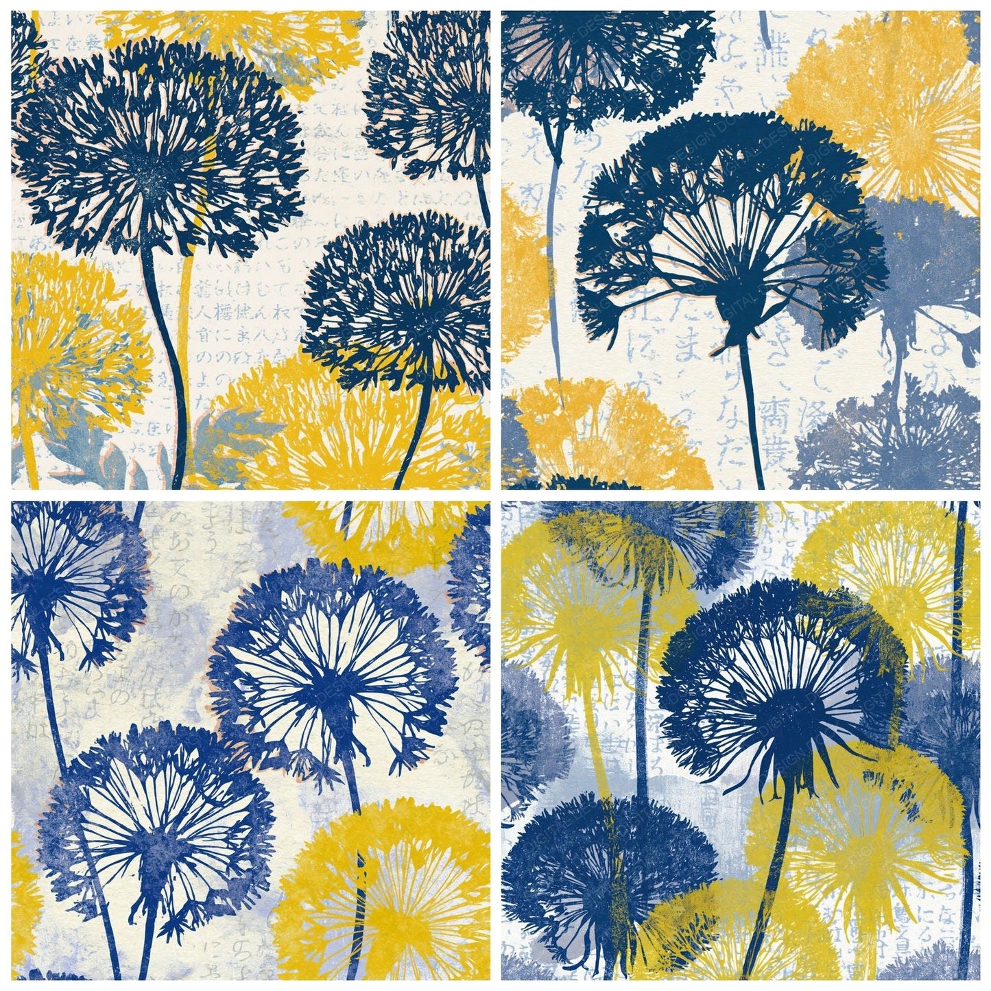 Letterpress Dandelions Cobalt Yellow Digital Paper Pack (DDD014914)