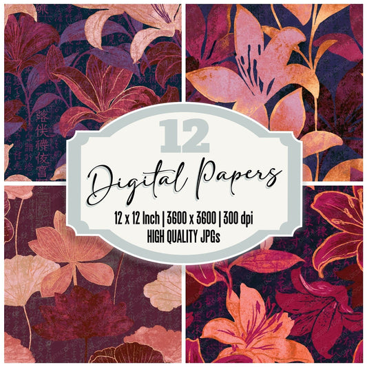 Screenprint Lilies Aubergine Rose Seamless digital paper pack cover showing four of the 12 papers