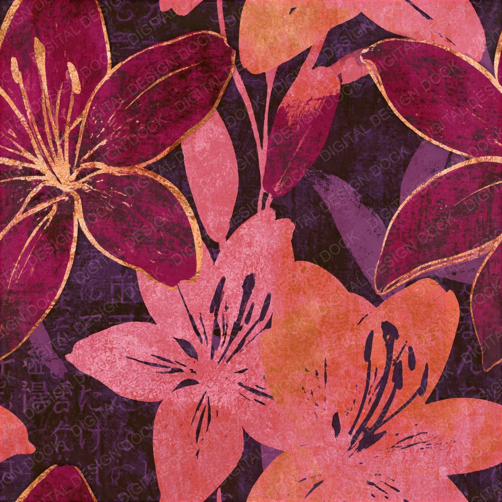 Screenprint Lilies Aubergine Rose Seamless Digital Paper Pack (DDD014918)