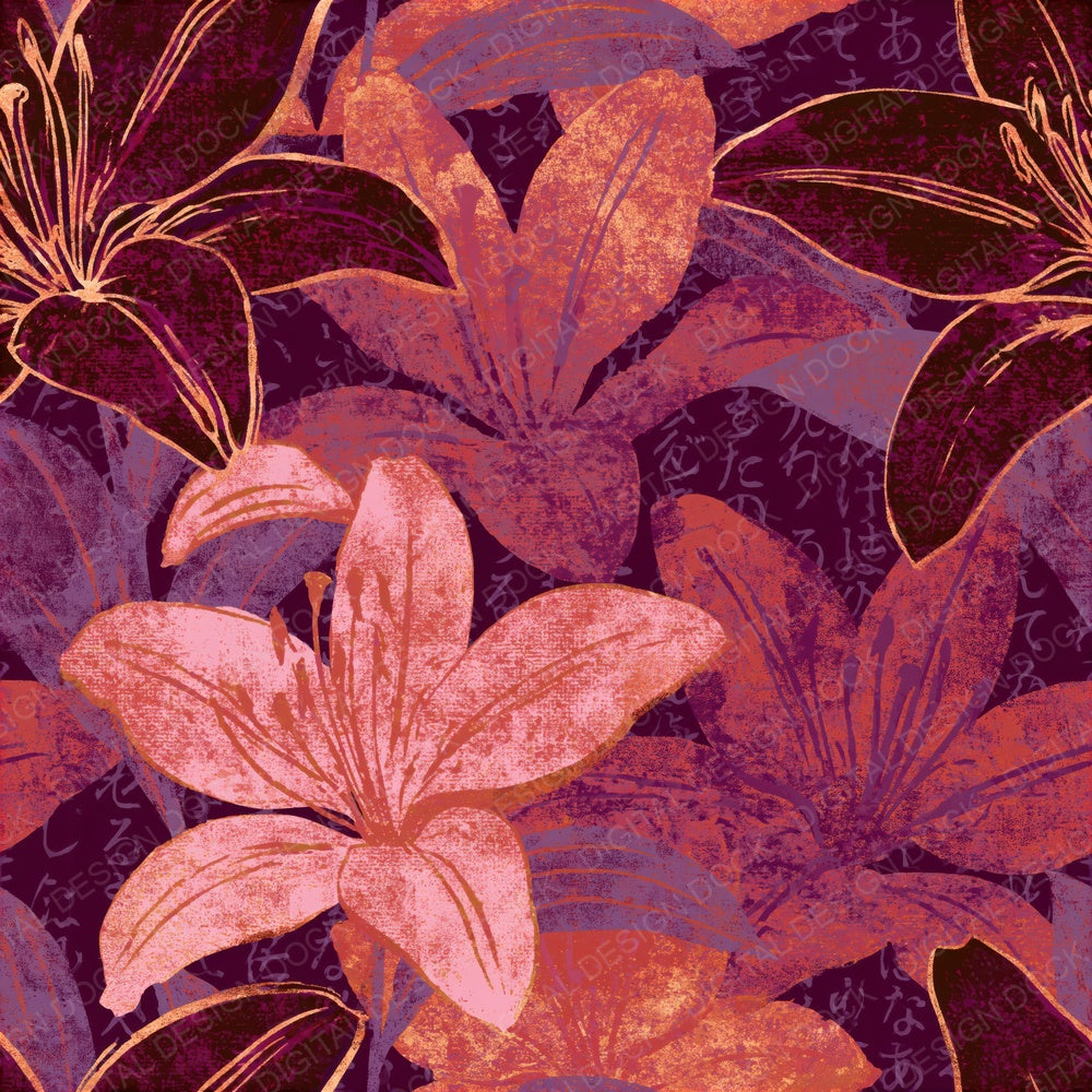 Screenprint Lilies Aubergine Rose Seamless Digital Paper Pack (DDD014918)