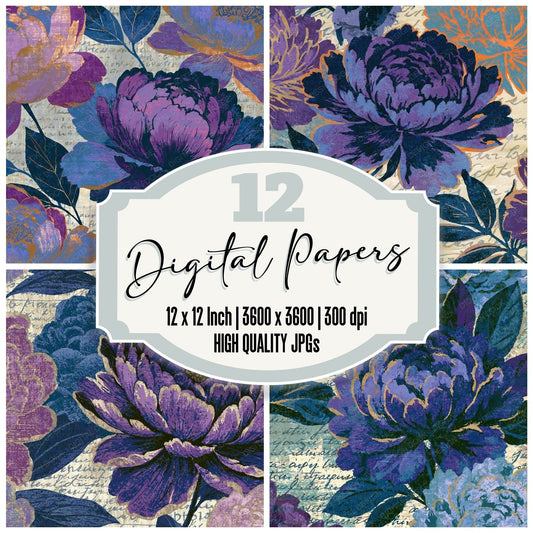Screenprint Peonies Amethyst Indigo digital paper pack cover showing four of the 12 papers