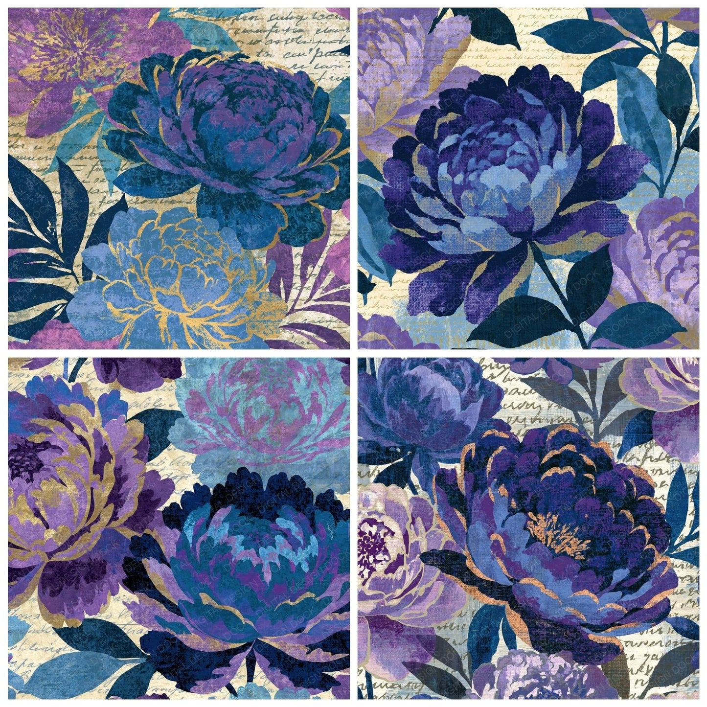 Screenprint Peonies Amethyst Indigo Digital Paper Pack (DDD014919)
