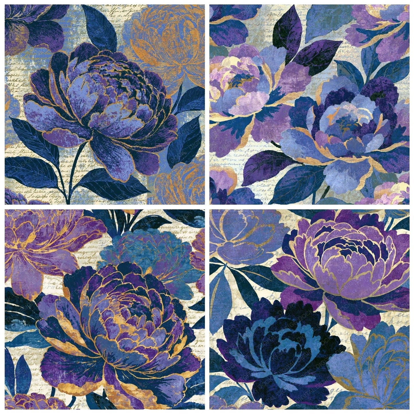 Screenprint Peonies Amethyst Indigo Digital Paper Pack (DDD014919)