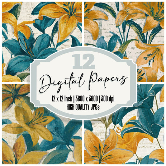 Tapestry Lilies Mustard Teal Seamless digital paper pack cover showing four of the 12 papers
