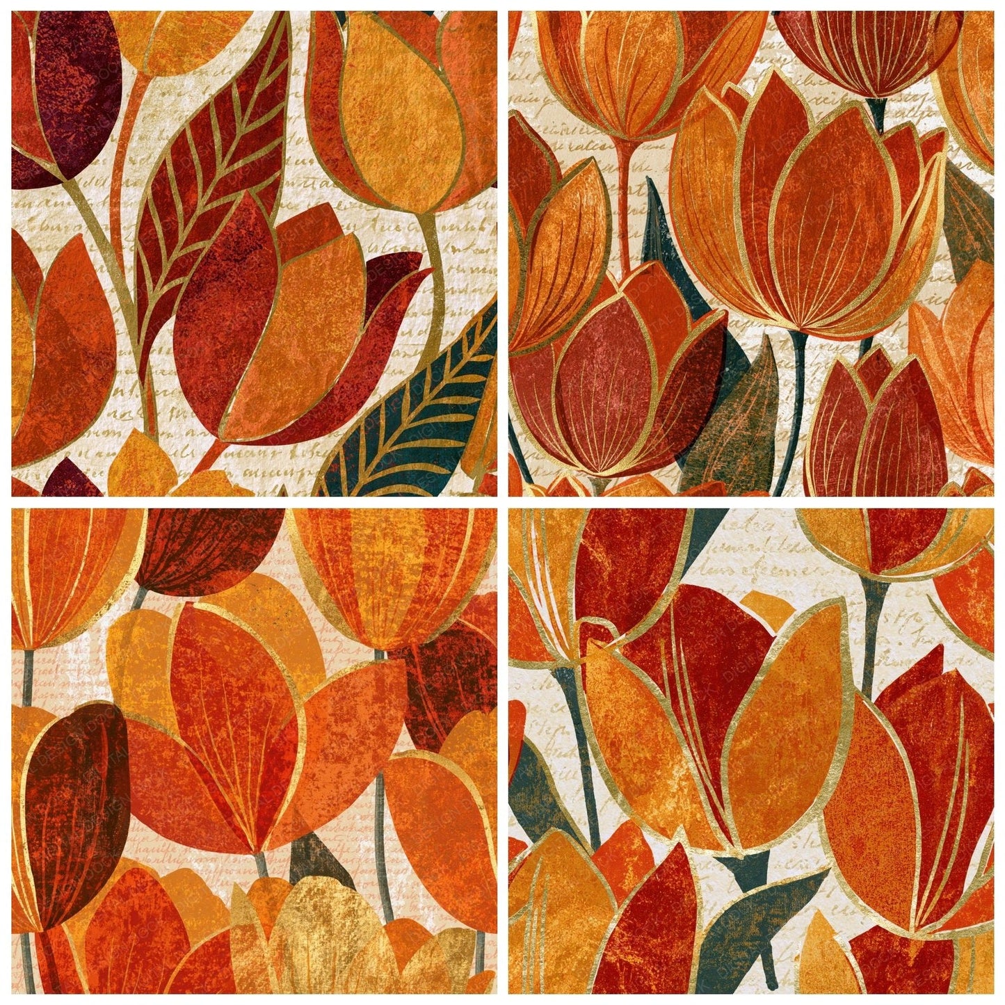 Woodblock Tulips Turmeric Paprika Digital Paper Pack (DDD014923)