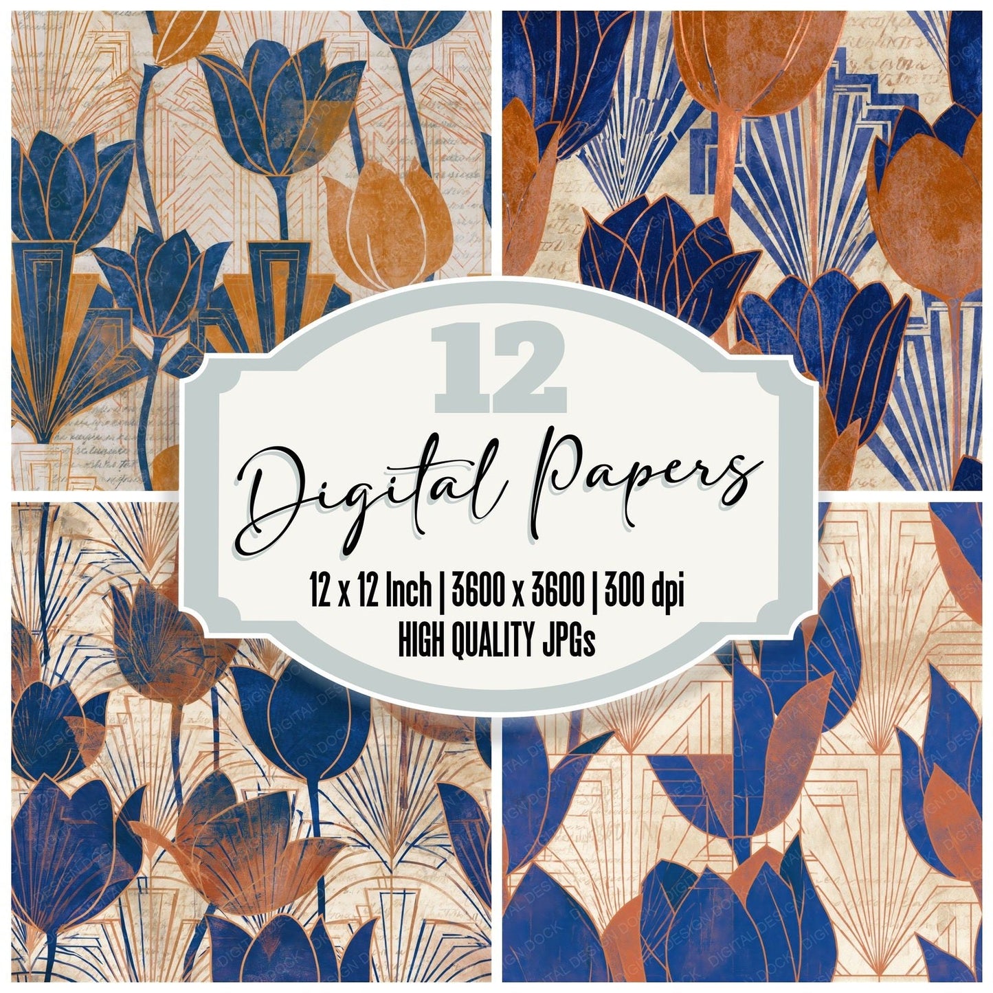 Art Deco Tulips Cobalt Terracotta Seamless Digital Paper Pack (DDD014927)