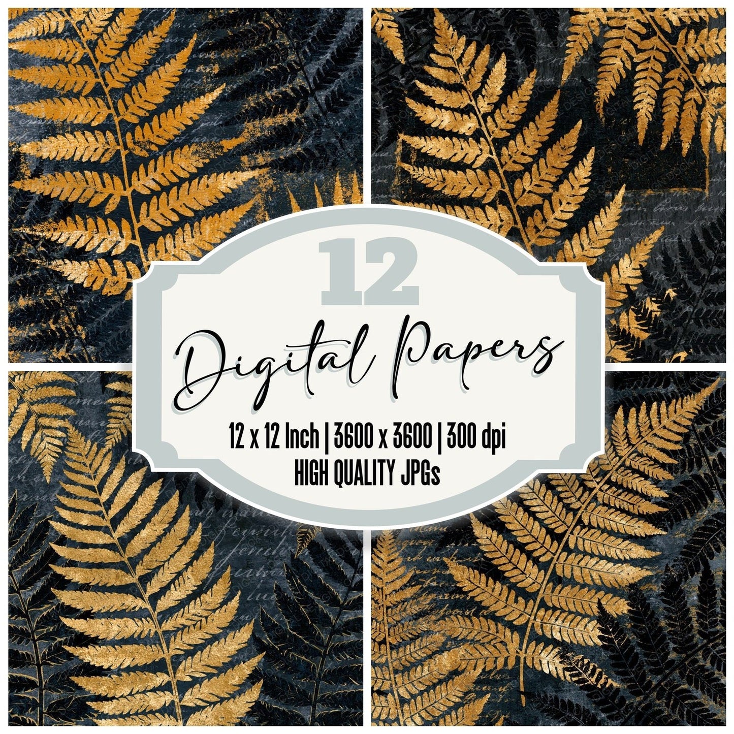 Bohemian Ferns Charcoal Gold Digital Paper Pack (DDD014930)