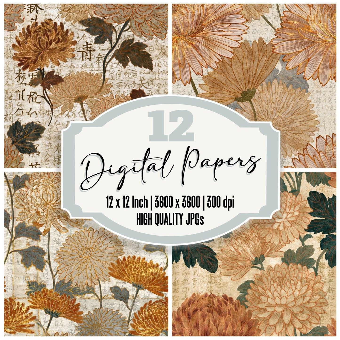 Egg Tempera Chrysanthemums Sepia Seamless Digital Paper Pack (DDD014933)