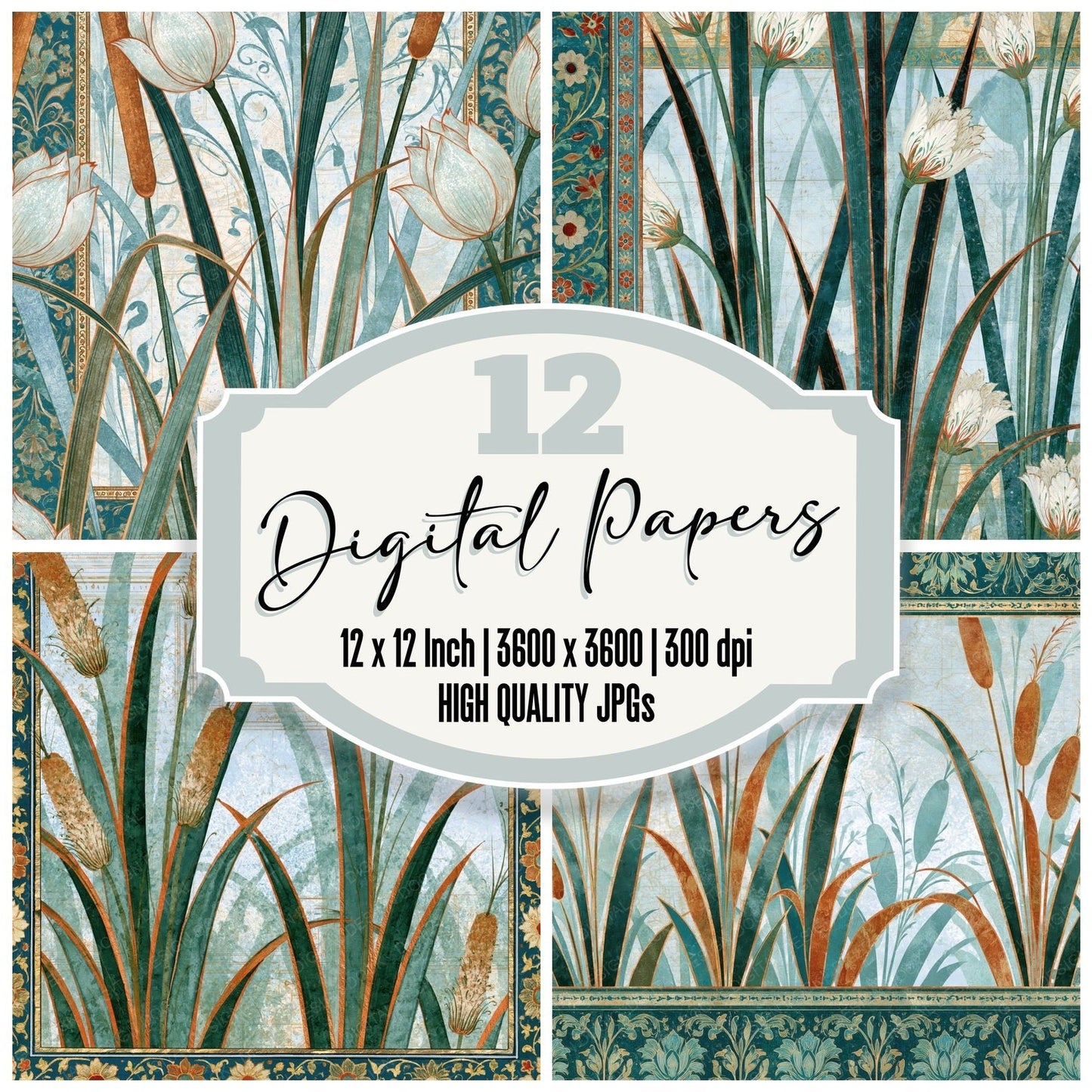 Mughal Bulrushes Seafoam White Digital Paper Pack (DDD014936)