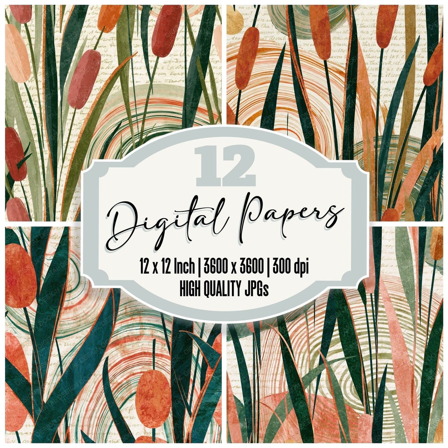 Suminagashi Cattails Dewy Green Blush Digital Paper Pack (DDD014939)