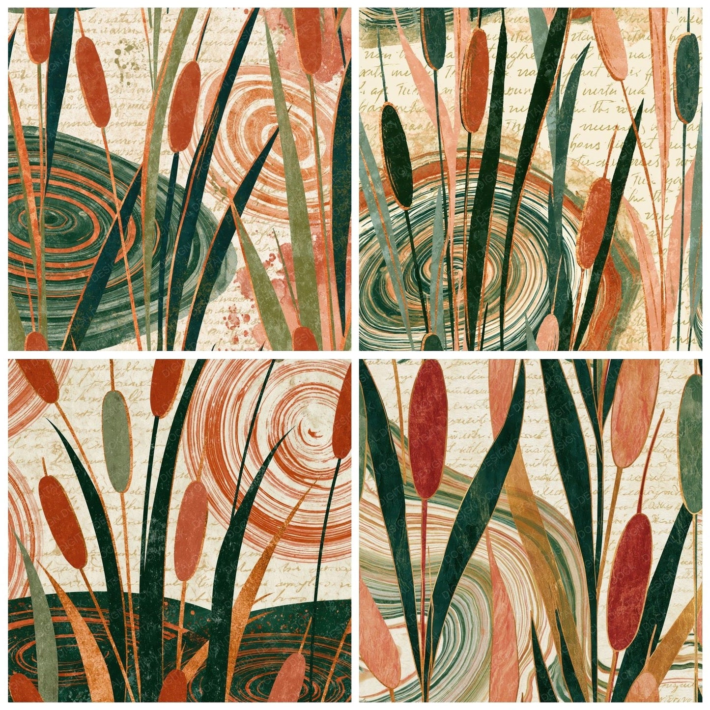 Suminagashi Cattails Dewy Green Blush Digital Paper Pack (DDD014939)