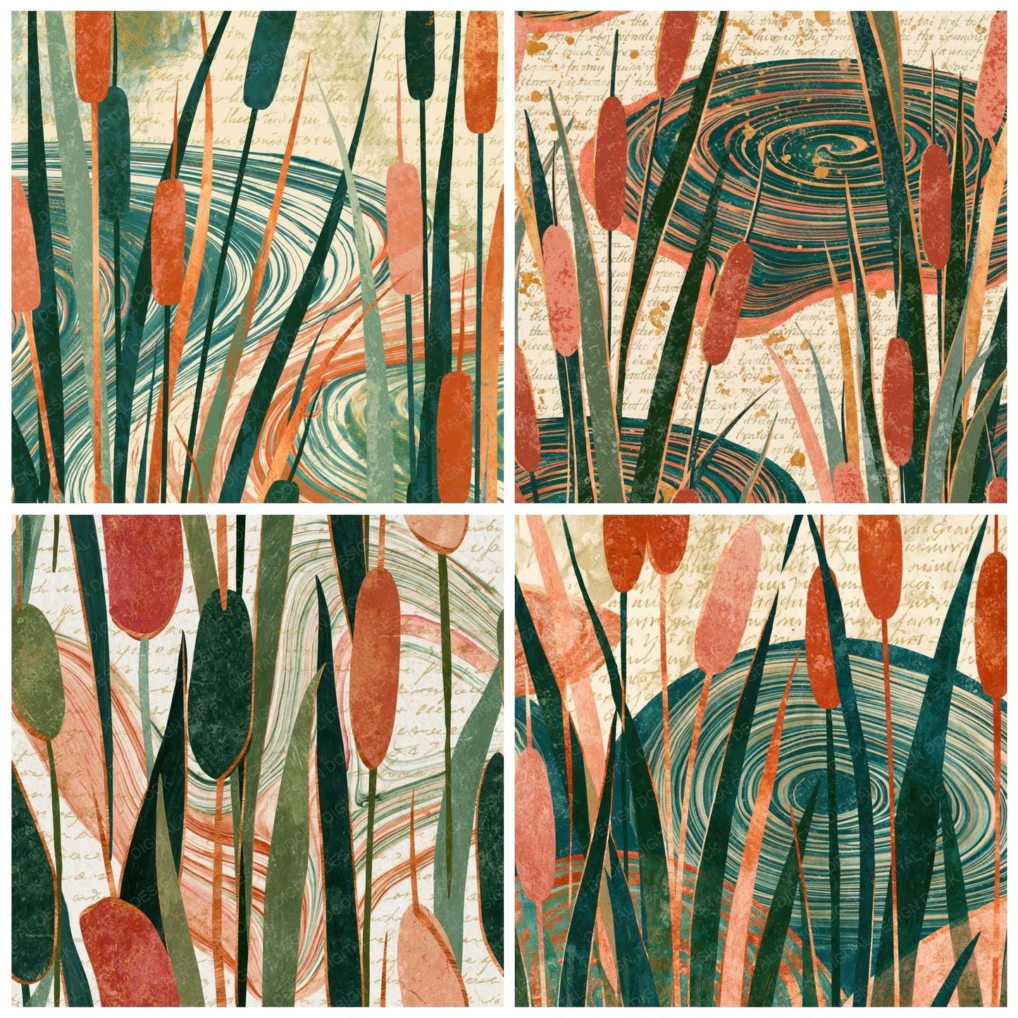 Suminagashi Cattails Dewy Green Blush Digital Paper Pack (DDD014939)