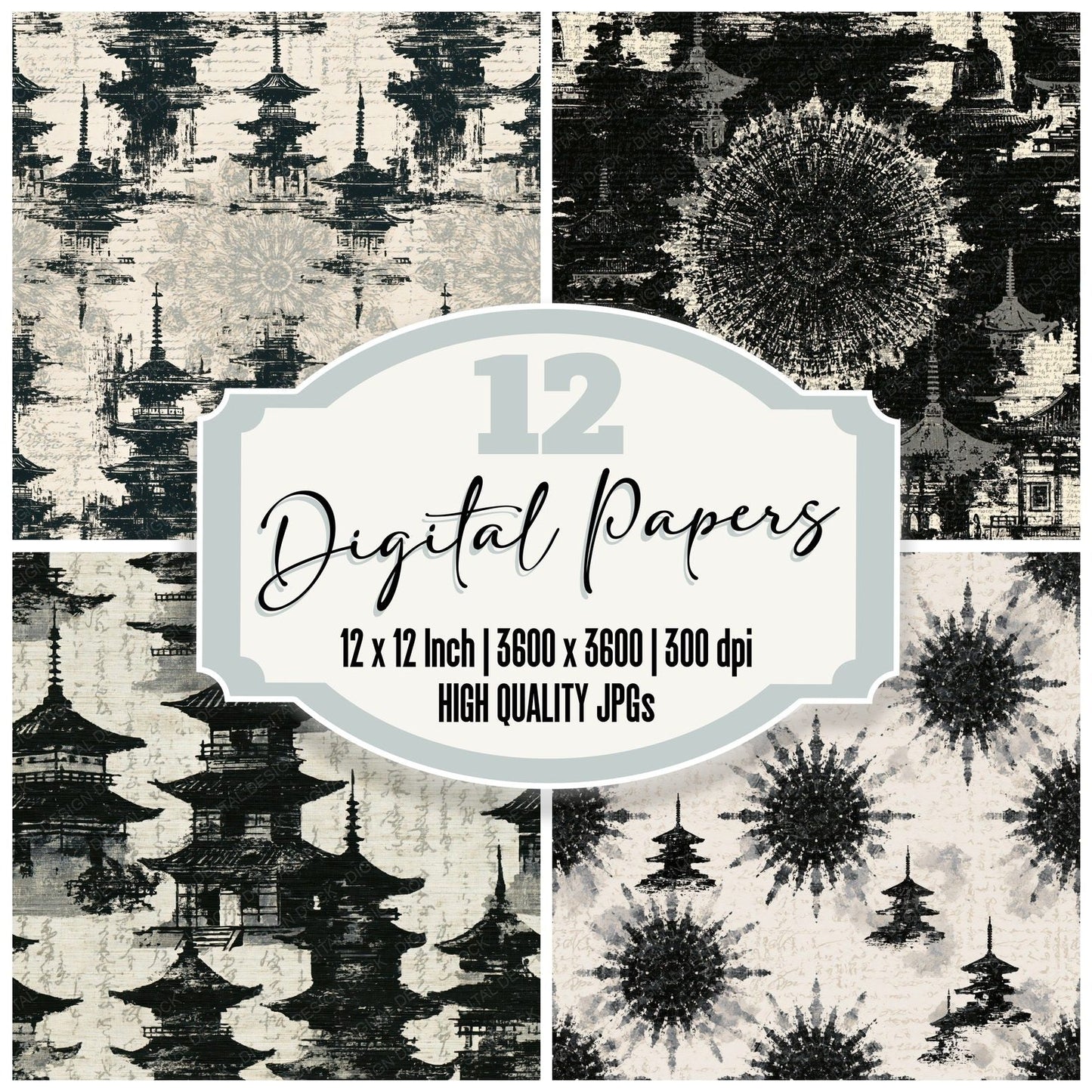 Mandala Pagoda Black White Digital Paper Pack (DDD014953)