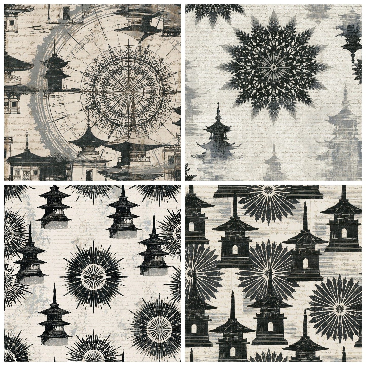 Mandala Pagoda Black White Digital Paper Pack (DDD014953)