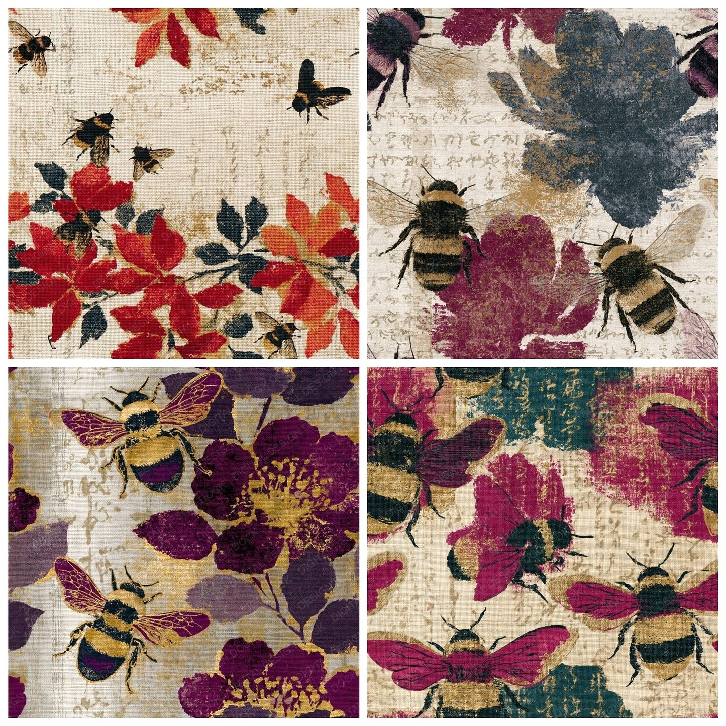 Mezzotint Bumblebees Cherry Mulberry Seamless Digital Paper Pack (DDD014954)
