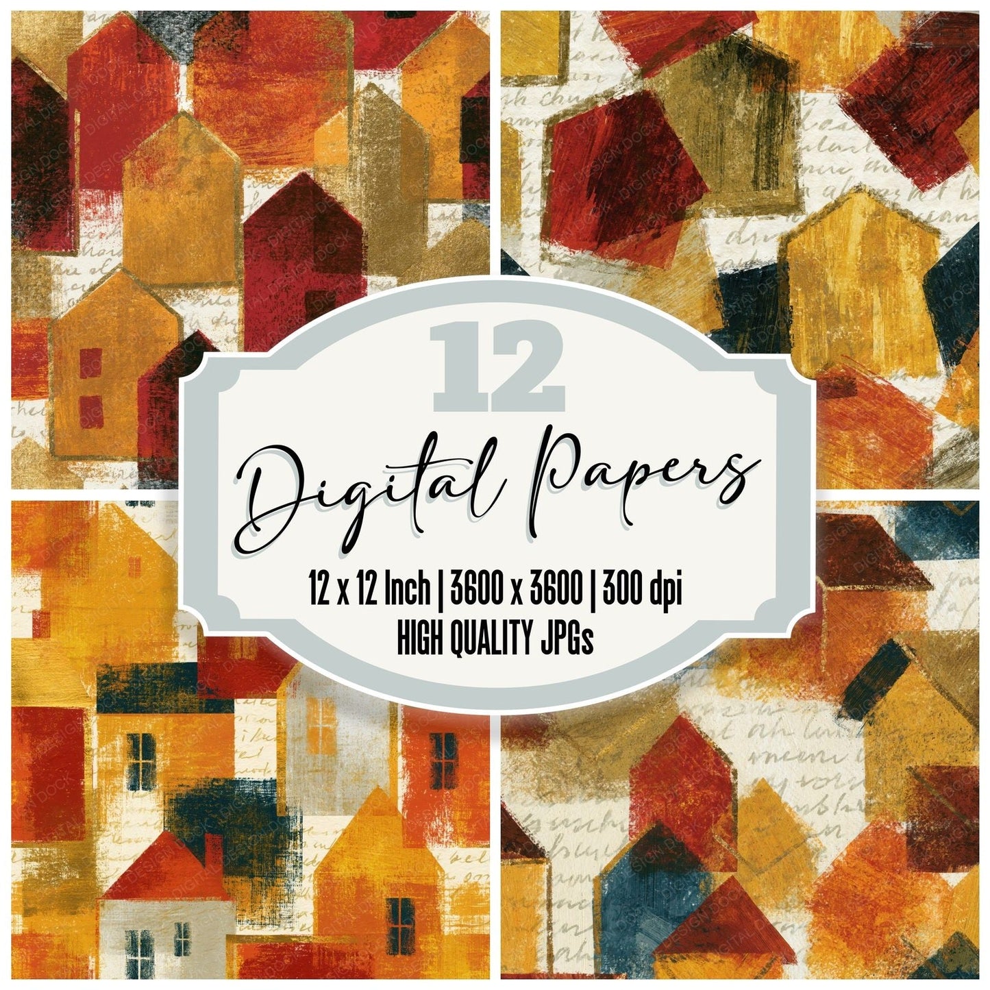 Oil Pastel Card Houses Rust Brass Digital Paper Pack (DDD014955)