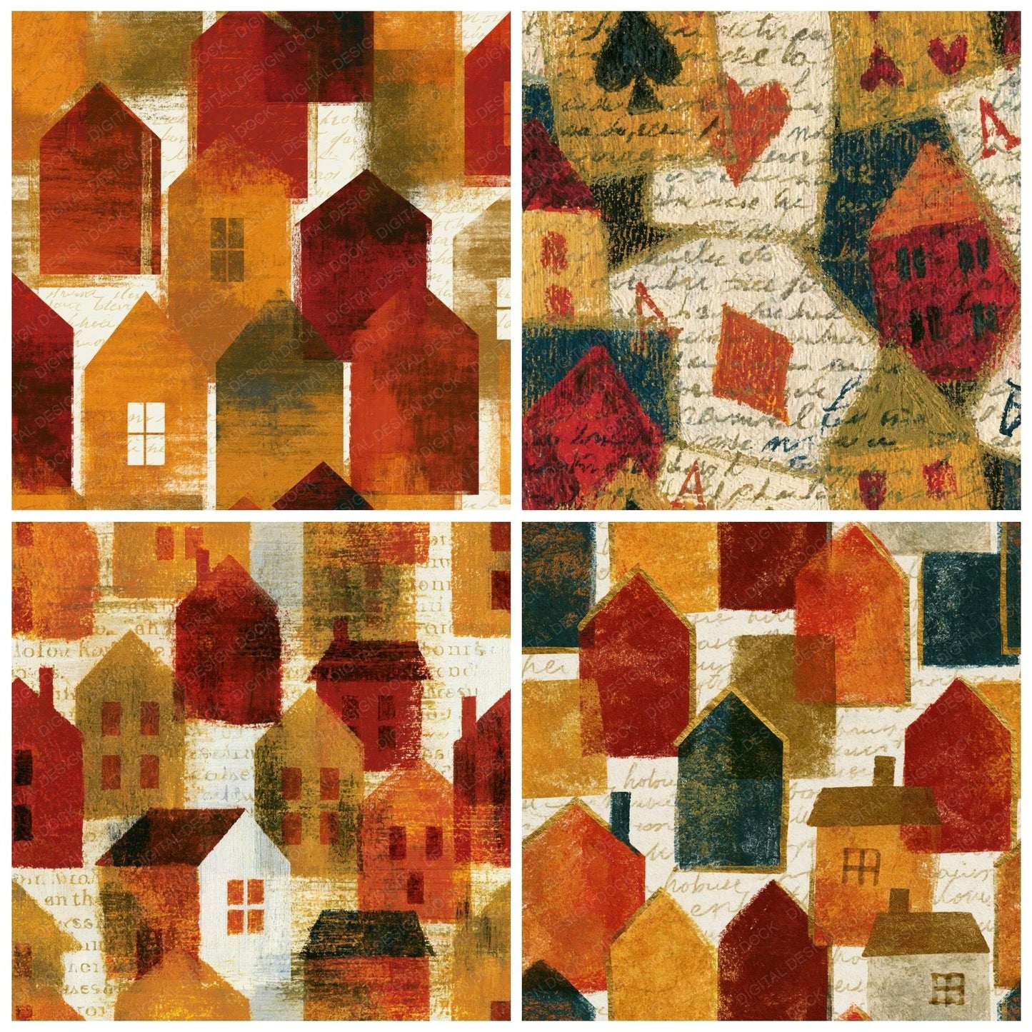 Oil Pastel Card Houses Rust Brass Digital Paper Pack (DDD014955)