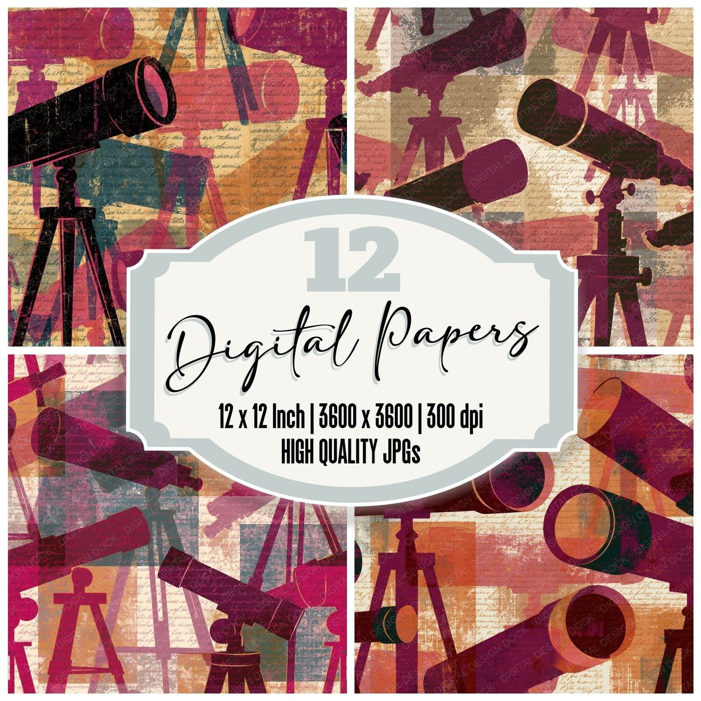 Pop Art Telescopes Wine Rose Digital Paper Pack (DDD014959)