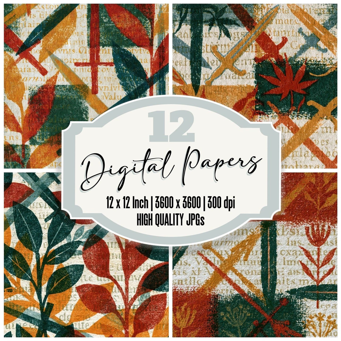 Risograph Swords Rust Ochre Forest Green Digital Paper Pack (DDD014960)