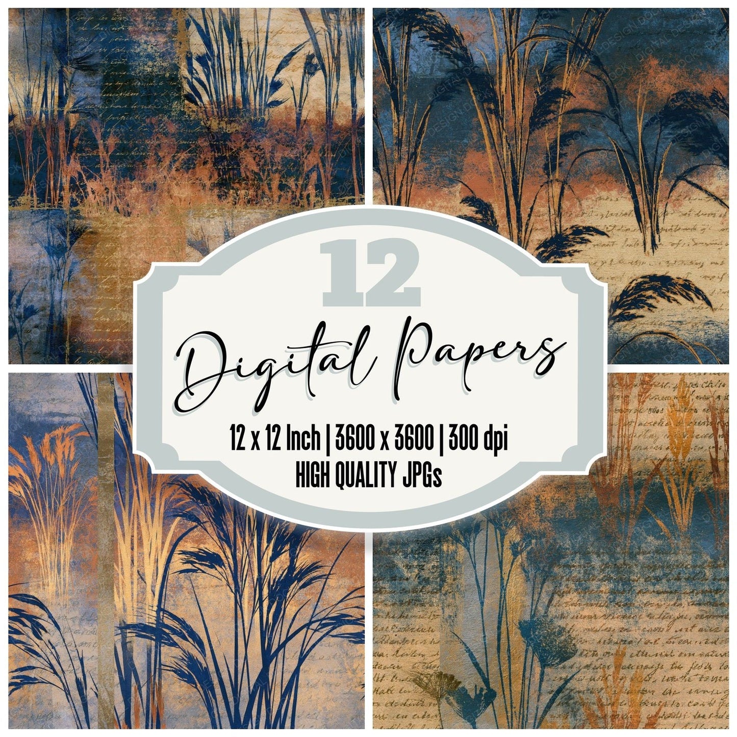 Surrealist Grasses Sienna Indigo Seamless Digital Paper Pack (DDD014962)