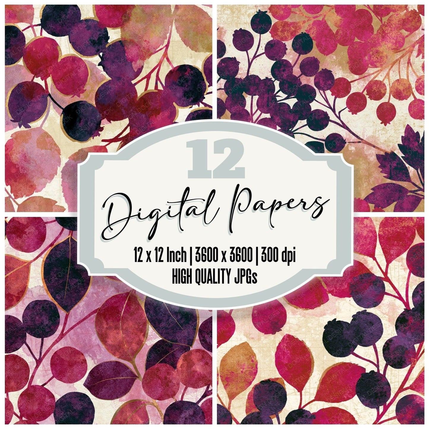 Watercolour Hawthorn Berries Plum Cream Digital Paper Pack (DDD014963)