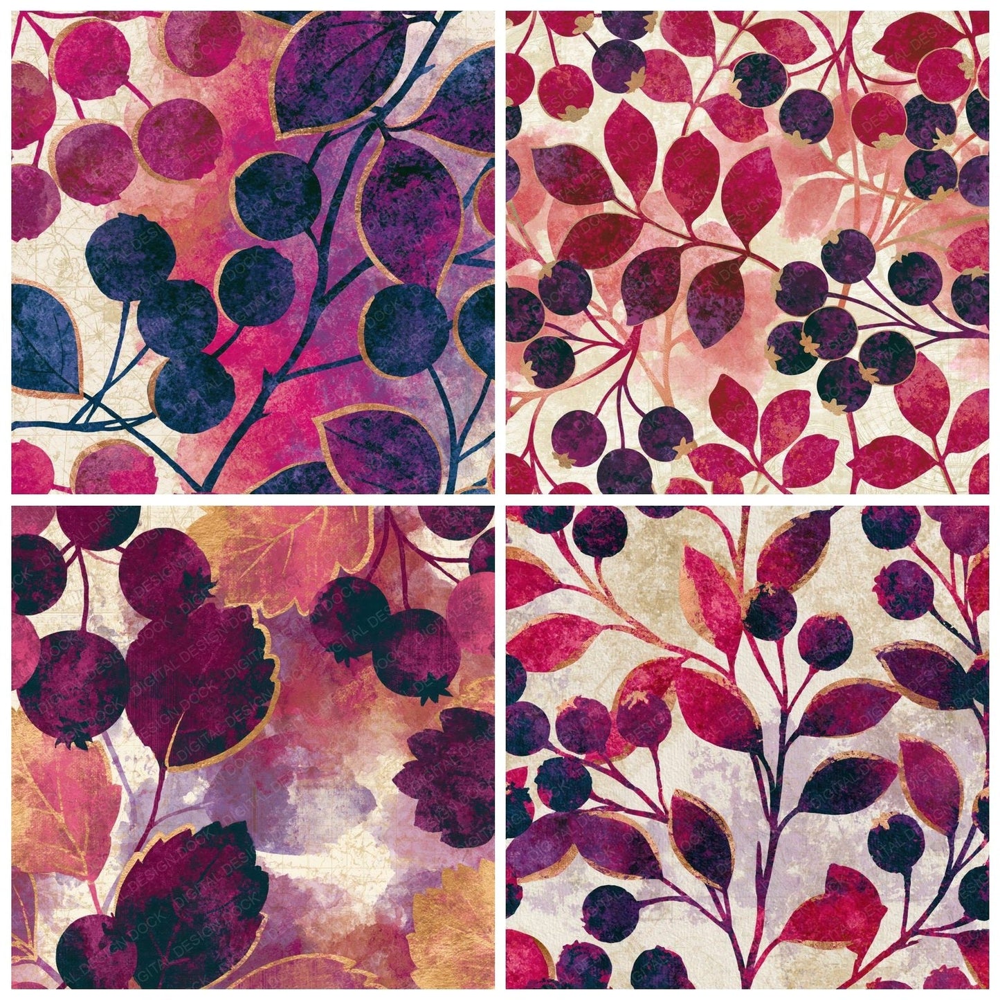 Watercolour Hawthorn Berries Plum Cream Digital Paper Pack (DDD014963)