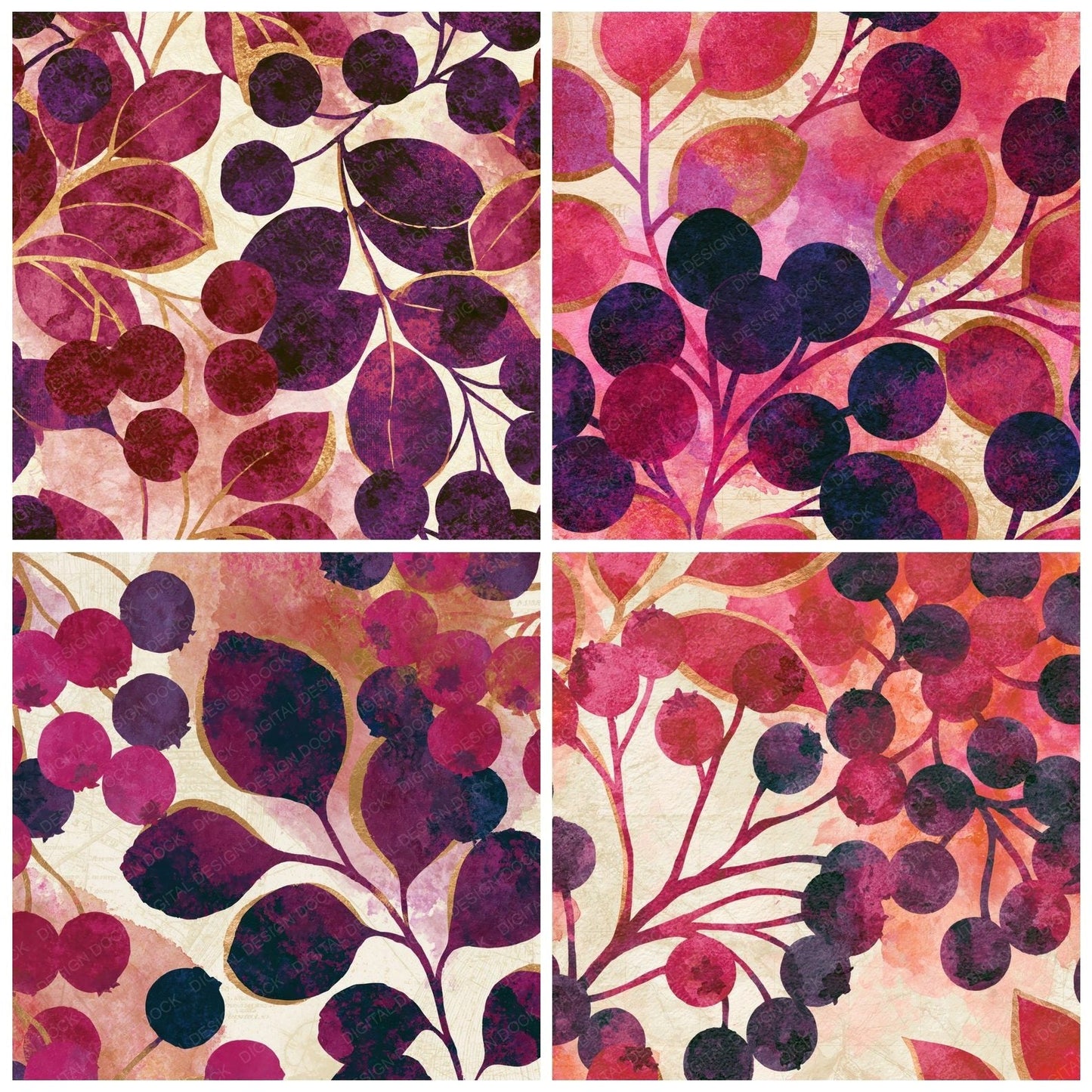Watercolour Hawthorn Berries Plum Cream Digital Paper Pack (DDD014963)