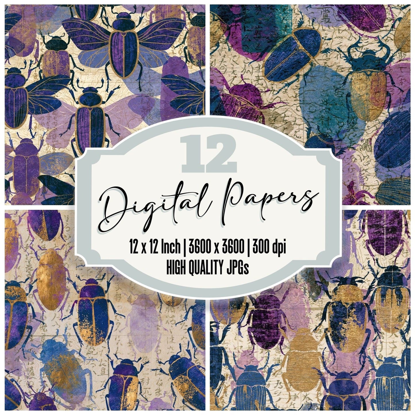 Antique Map Beetle Amethyst Lavender Digital Paper Pack (DDD014965)