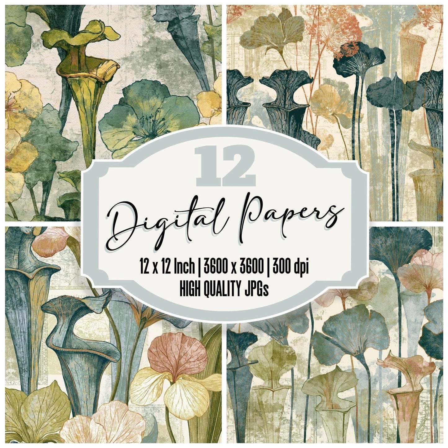 Charcoal Pitcher Plants Sage Primrose Digital Paper Pack (DDD014968)