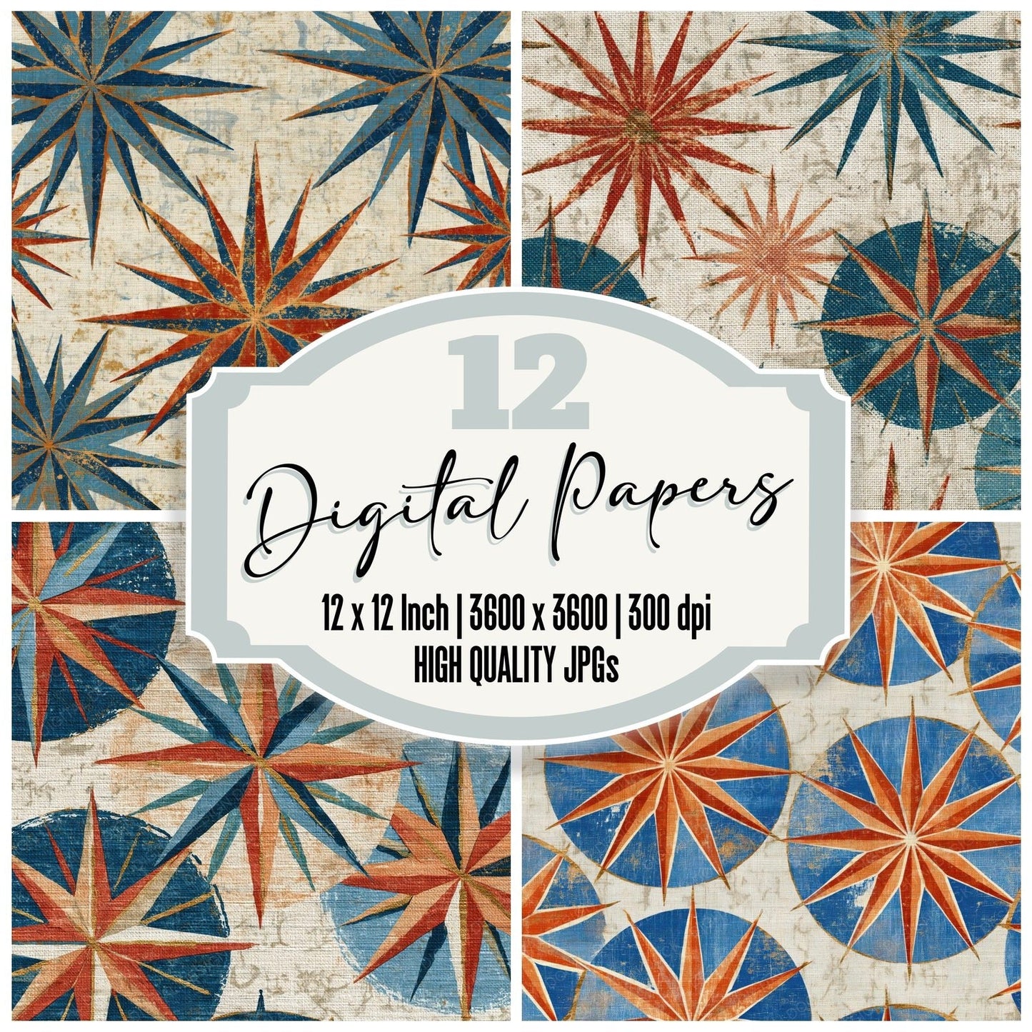 Folk Art Compass Roses Terracotta Azure Digital Paper Pack (DDD014972)