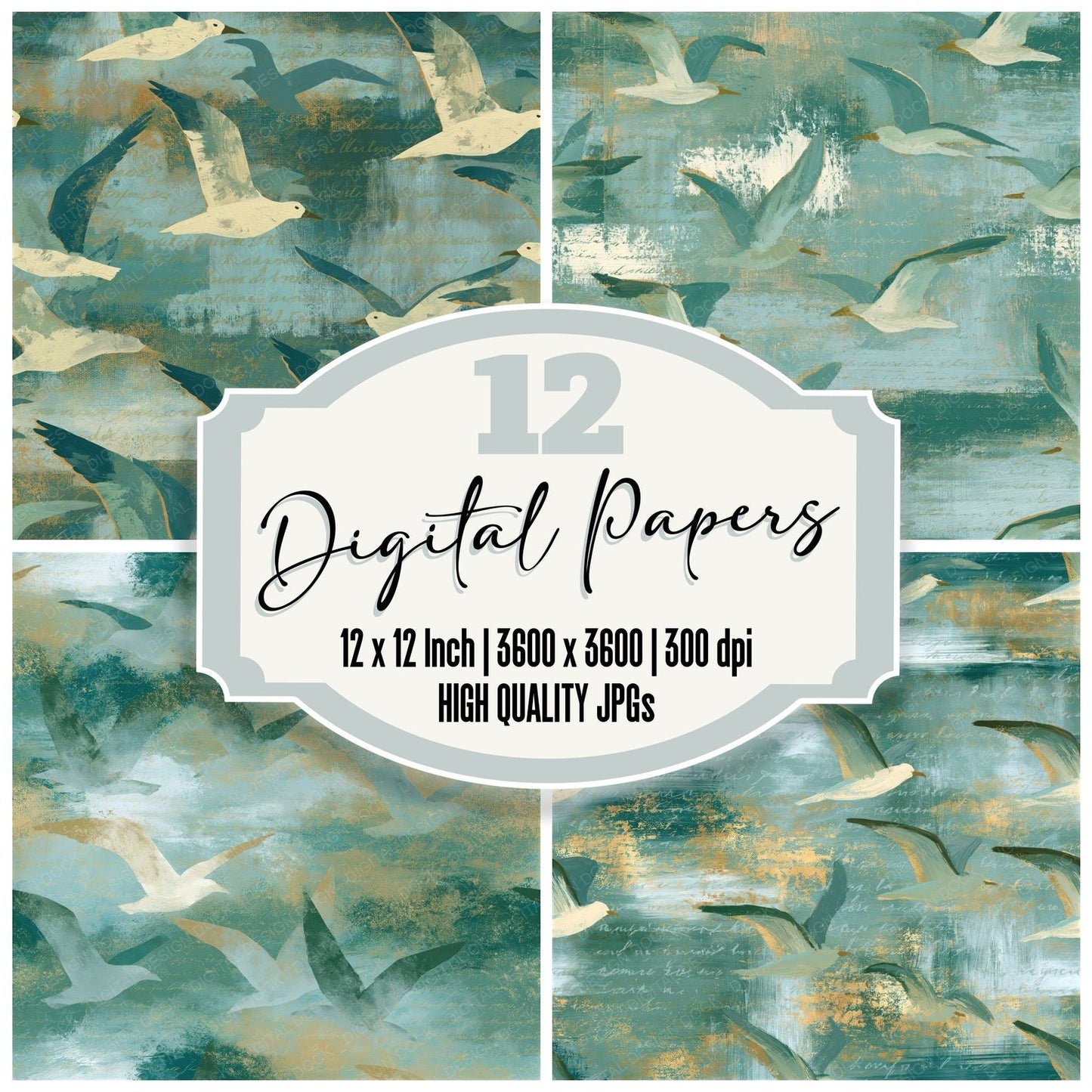Gouache Gulls Jade Aqua Seamless Digital Paper Pack (DDD014974)