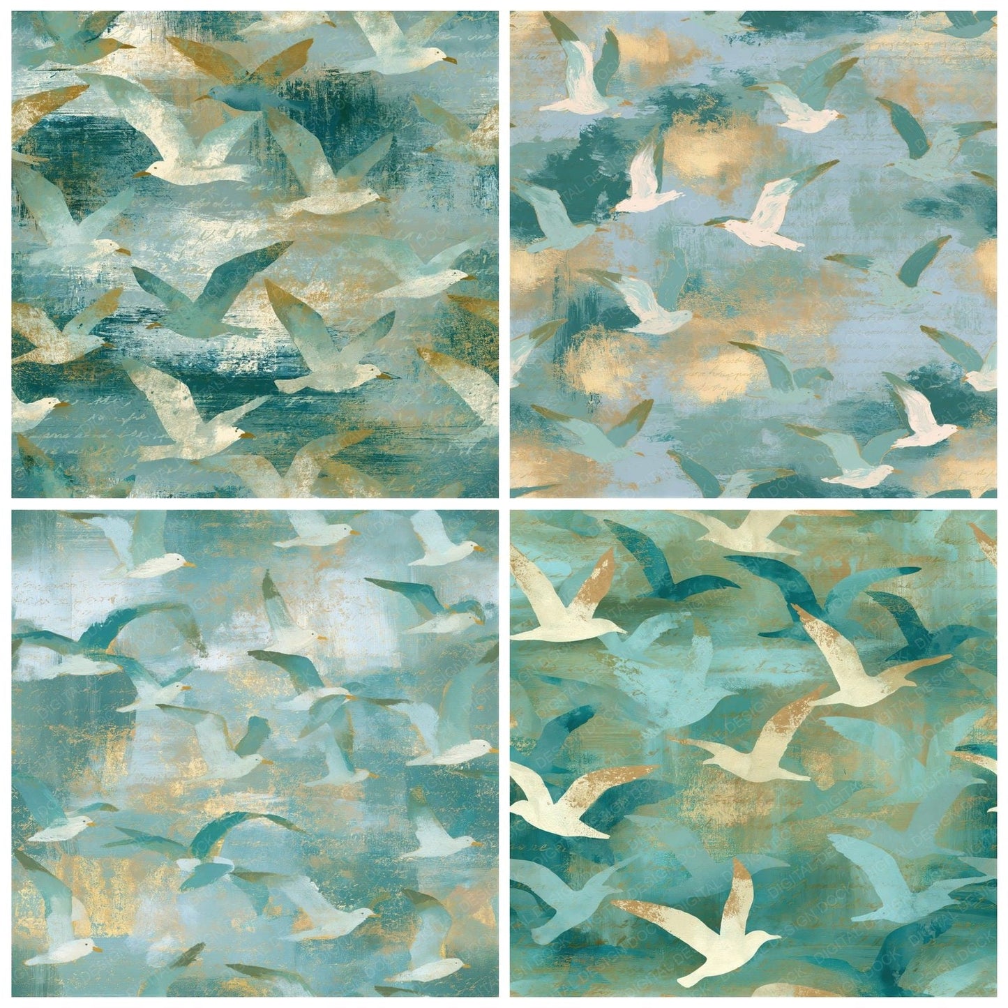 Gouache Gulls Jade Aqua Seamless Digital Paper Pack (DDD014974)