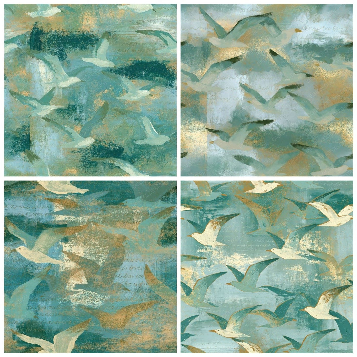 Gouache Gulls Jade Aqua Seamless Digital Paper Pack (DDD014974)
