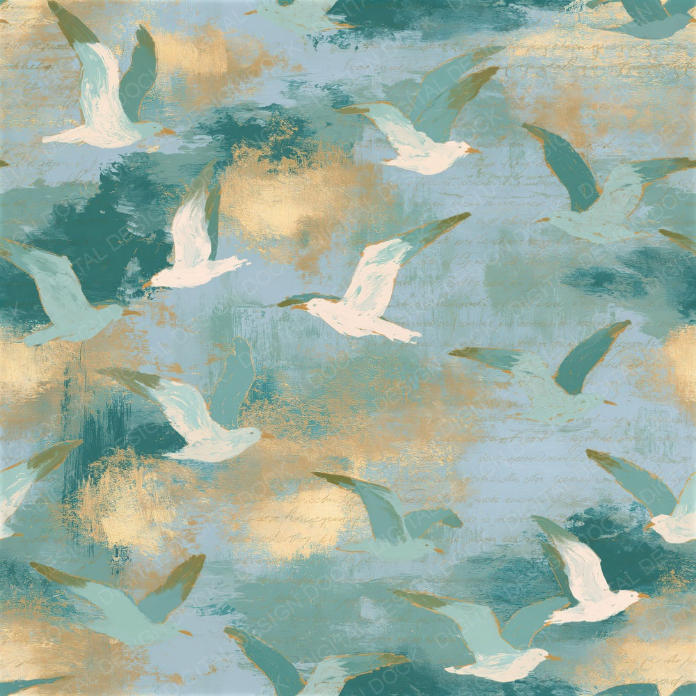 Gouache Gulls Jade Aqua Seamless Digital Paper Pack (DDD014974)