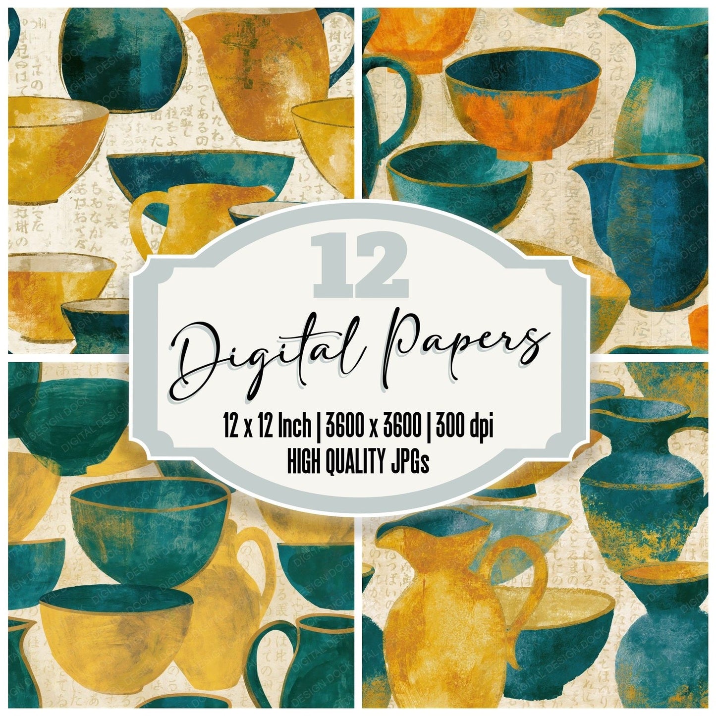Gouache Pitcher Bowl Teal Saffron Seamless Digital Paper Pack (DDD014975)