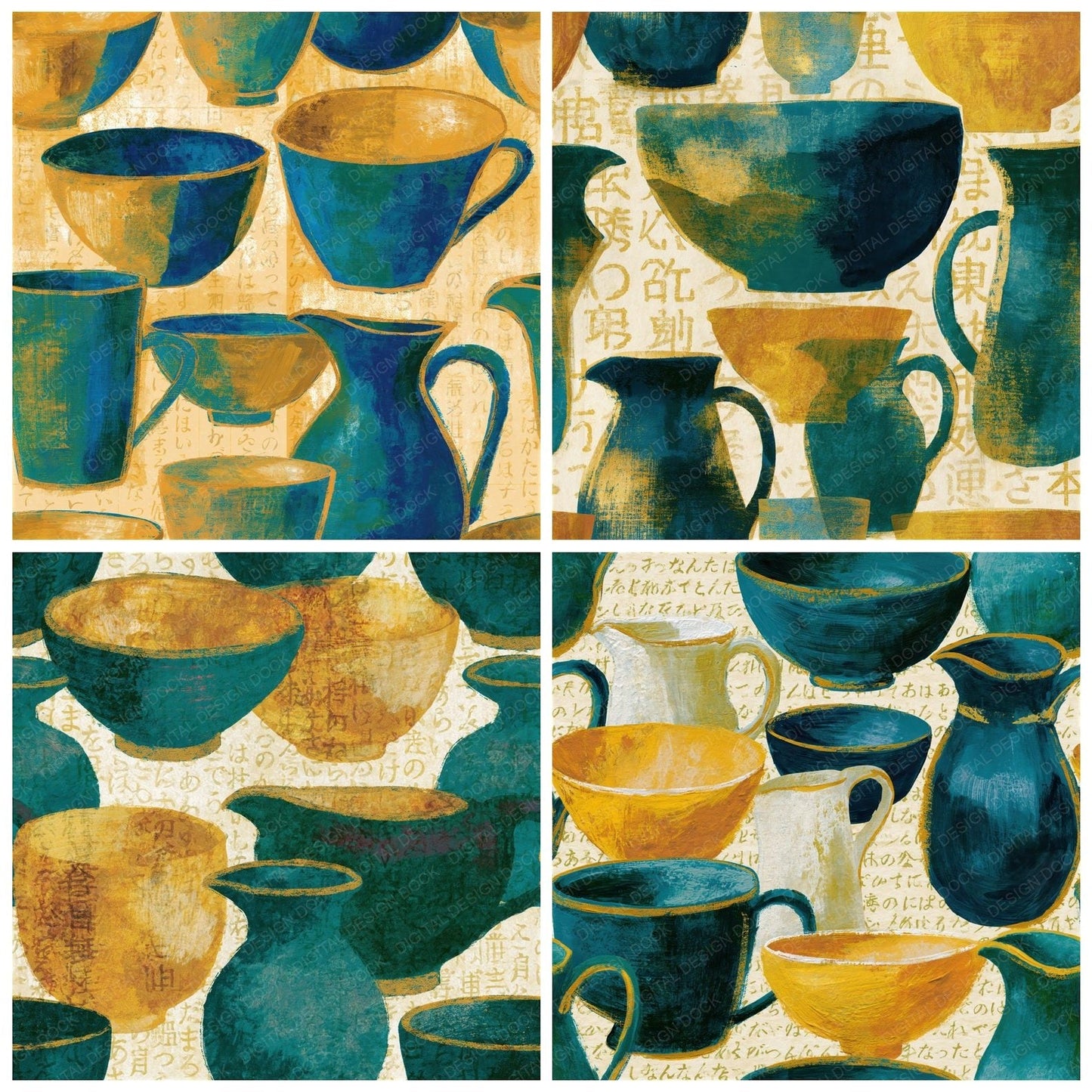 Gouache Pitcher Bowl Teal Saffron Seamless Digital Paper Pack (DDD014975)