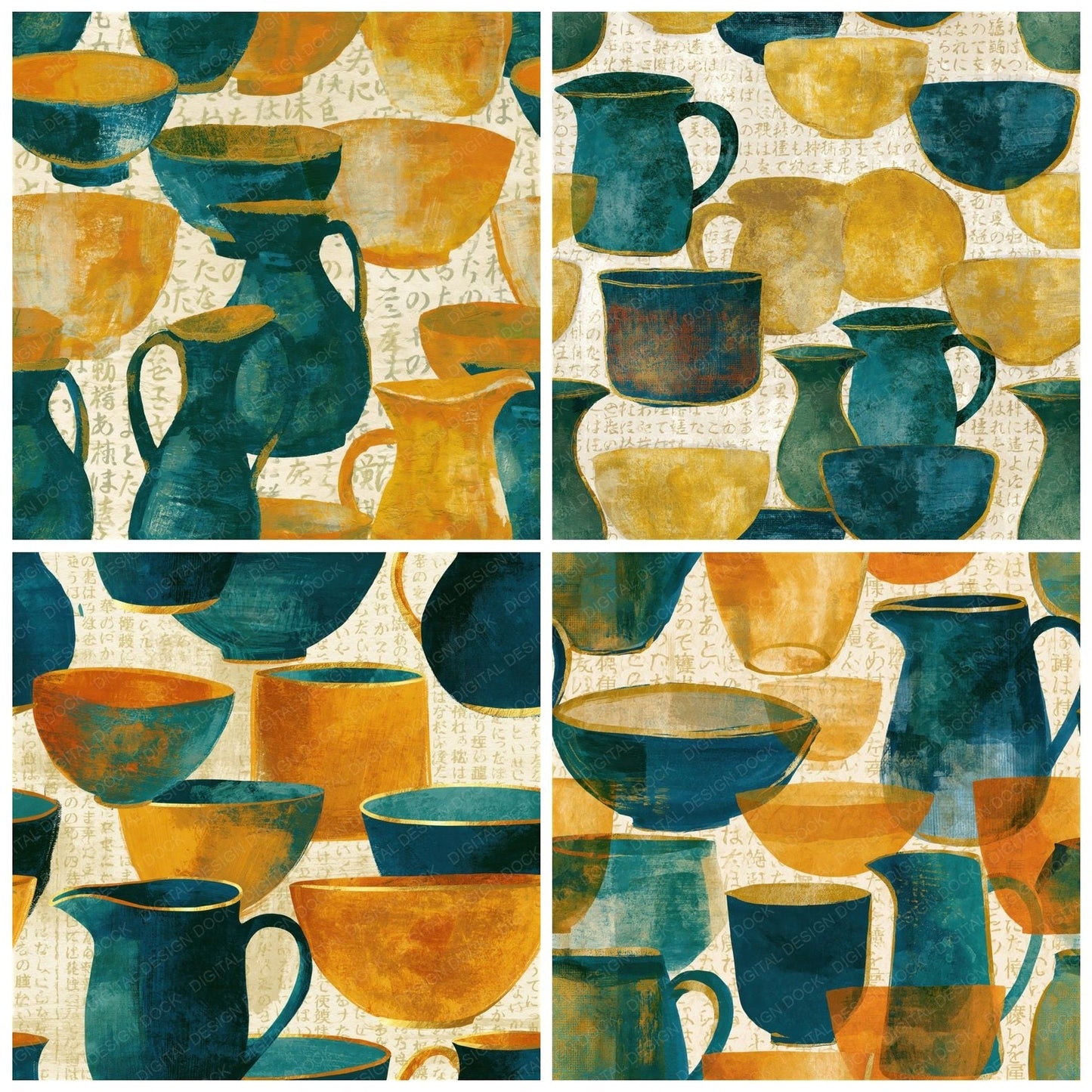 Gouache Pitcher Bowl Teal Saffron Seamless Digital Paper Pack (DDD014975)