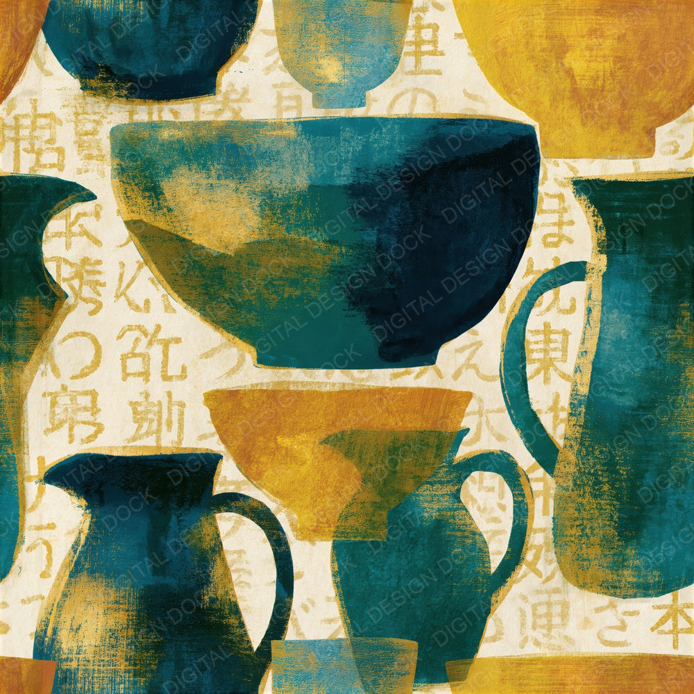 Gouache Pitcher Bowl Teal Saffron Seamless Digital Paper Pack (DDD014975)