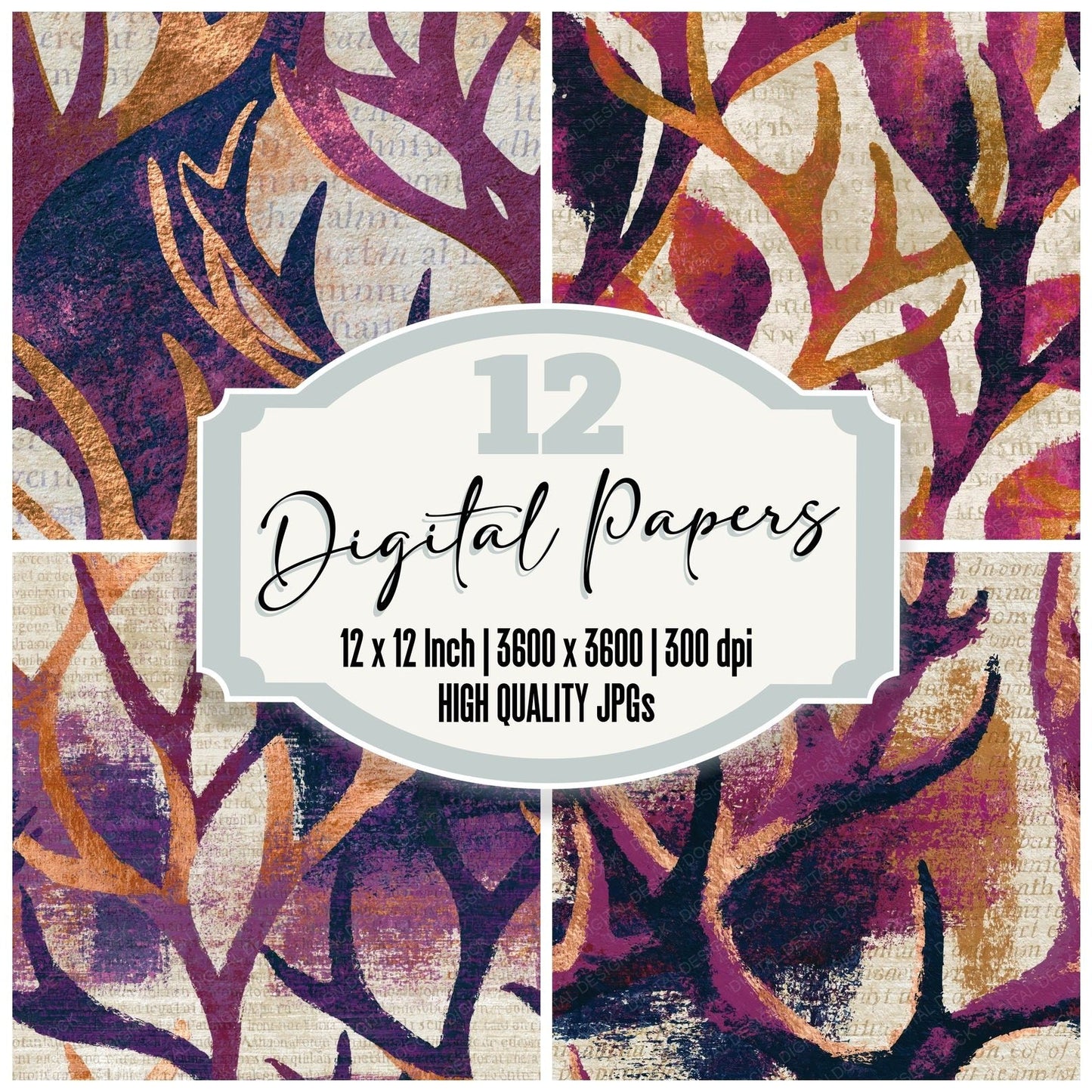 Impressionist Antlers Plum Bone Digital Paper Pack (DDD014978)