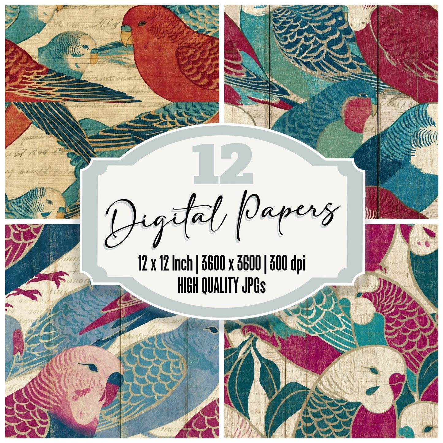 Ukiyo-e Budgerigars Cherry Mulberry Seamless Digital Paper Pack (DDD014983)