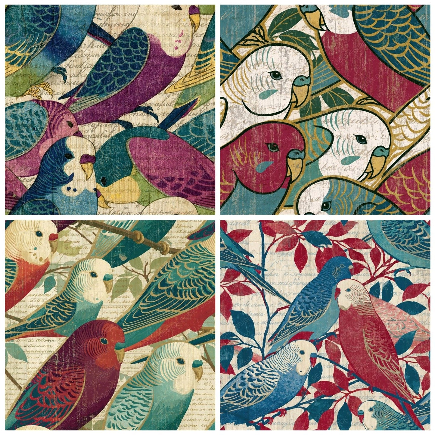 Ukiyo-e Budgerigars Cherry Mulberry Seamless Digital Paper Pack (DDD014983)
