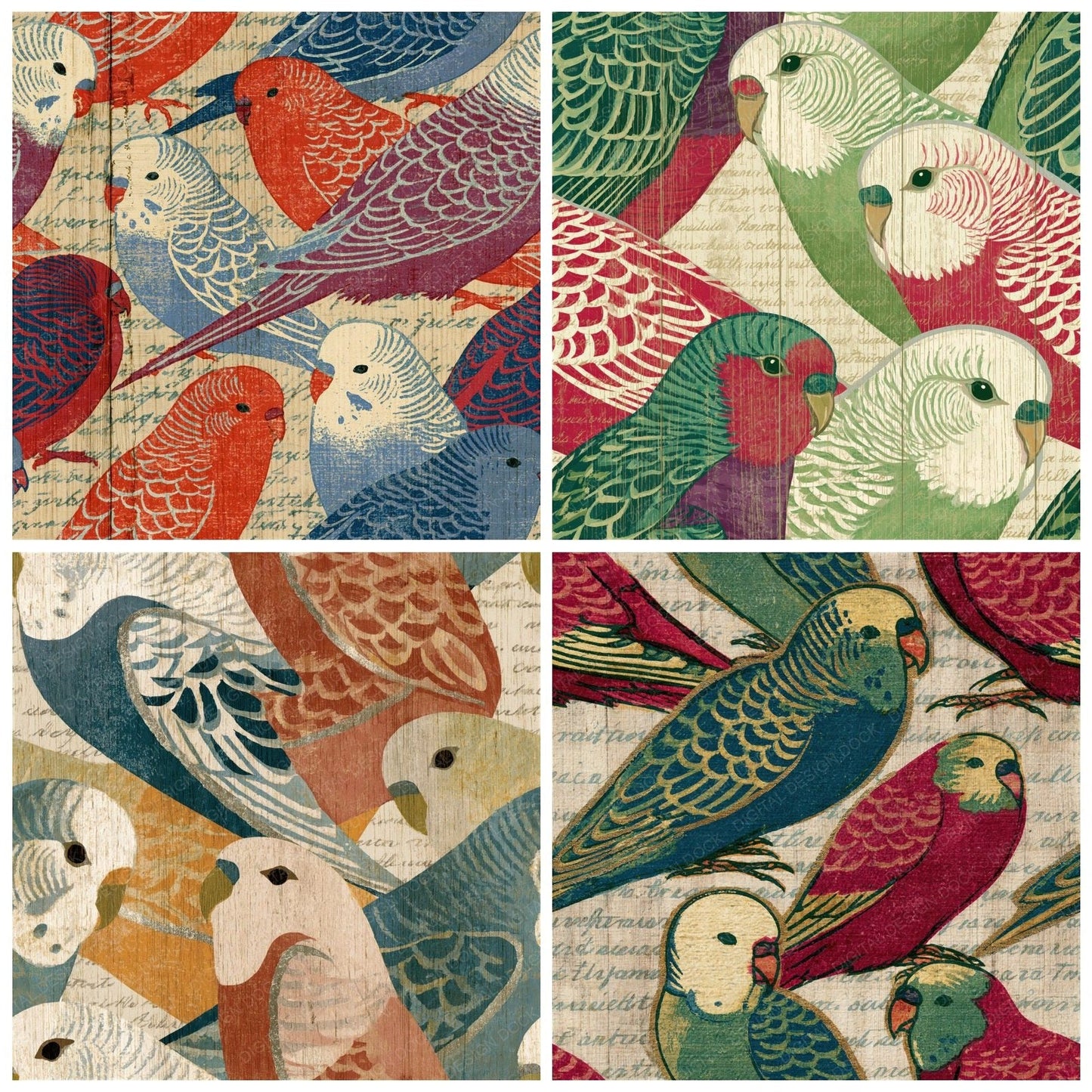 Ukiyo-e Budgerigars Cherry Mulberry Seamless Digital Paper Pack (DDD014983)