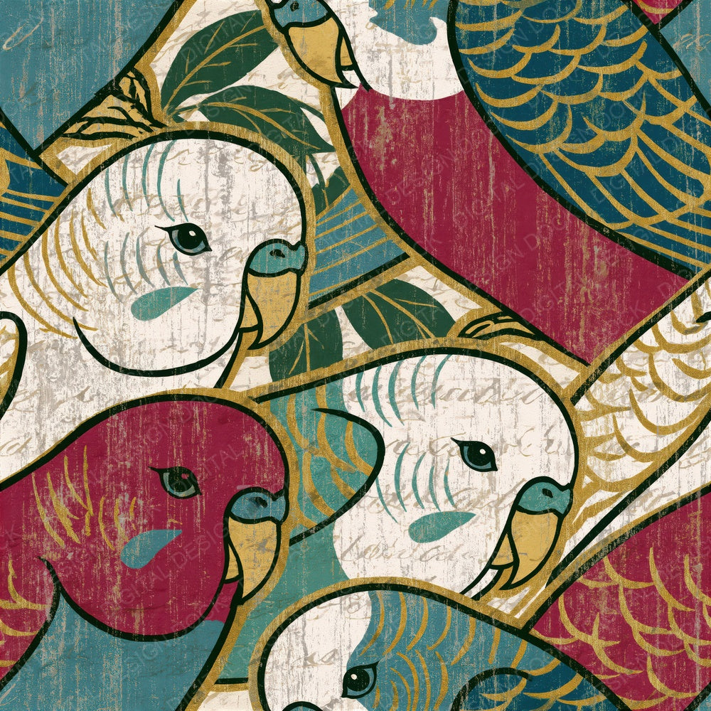 Ukiyo-e Budgerigars Cherry Mulberry Seamless Digital Paper Pack (DDD014983)