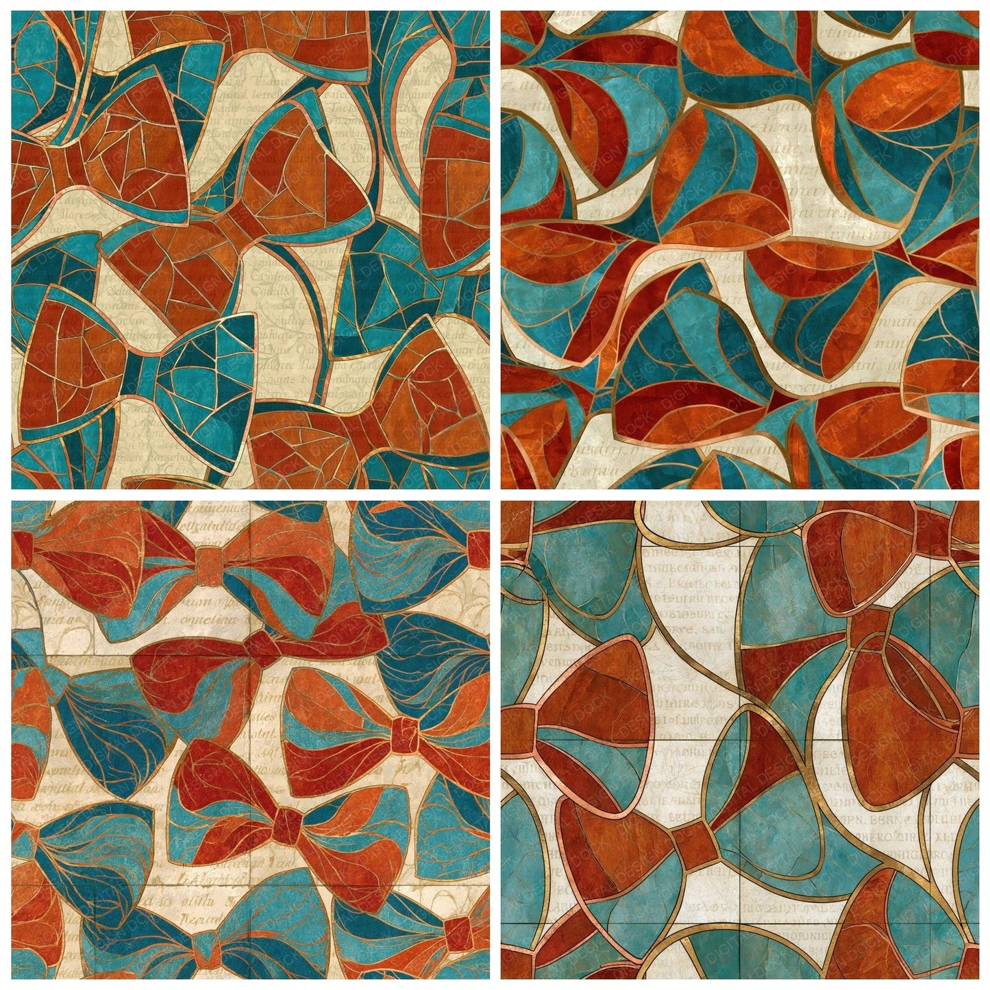 Art Nouveau Bow Ties Rust Turquoise Digital Paper Pack (DDD014985)