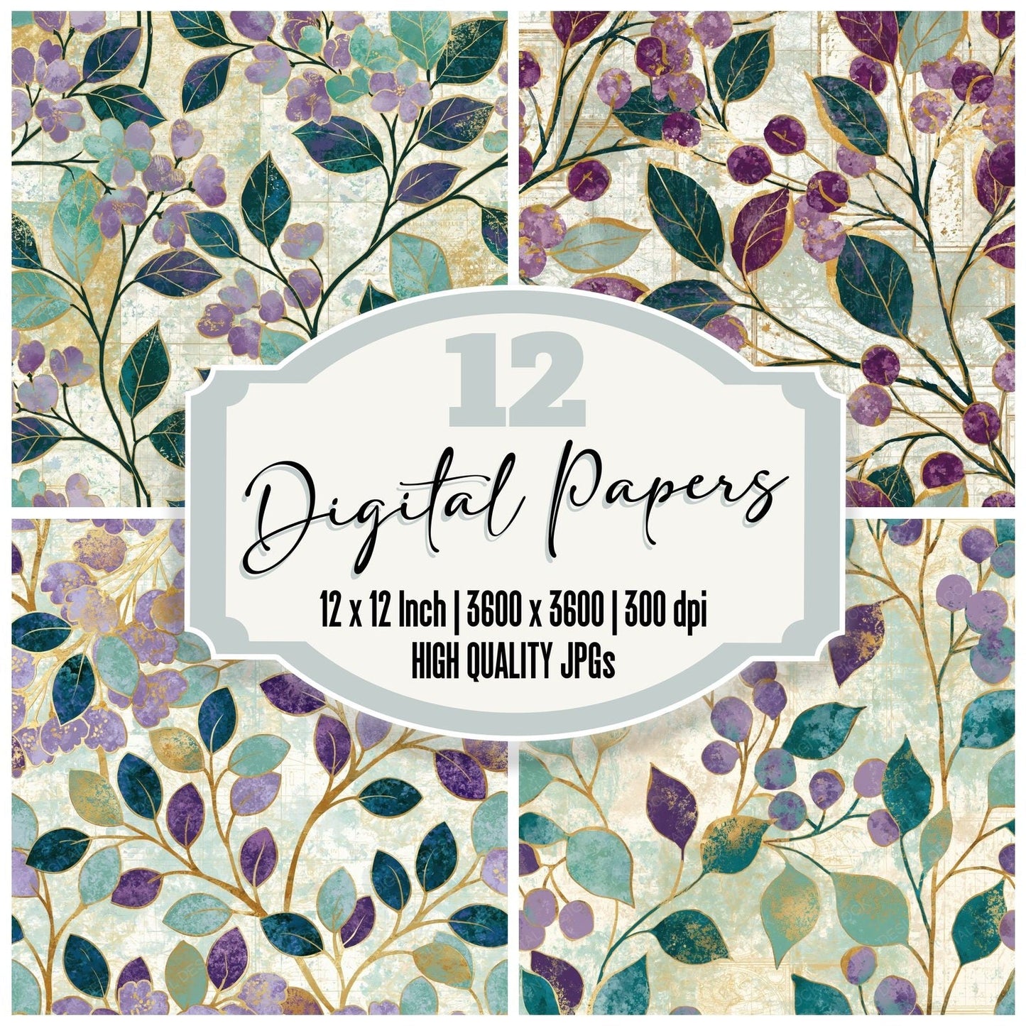Sparse Cherry Branches Lilac Mint Digital Paper Pack (DDD015002)