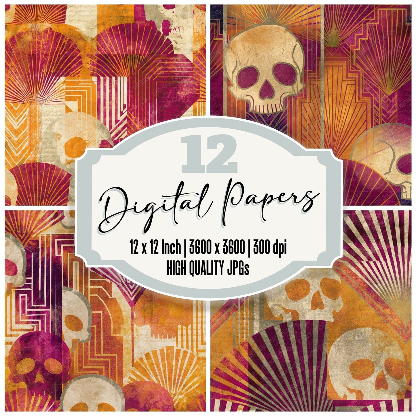 Art Deco Skulls Amber Magenta Seamless Digital Paper Pack (DDD015005)